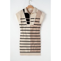 Khaki Stripe Color Block Quarter Zip Collar Short Sleeve Sweater Dress - XL thumbnail