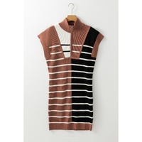 Black Stripe Color Block Quarter Zip Collar Short Sleeve Sweater Dress - M thumbnail