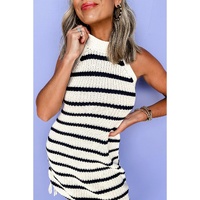Black Stripe Knitted Drawstring Detail Sleeveless Dress - XL thumbnail