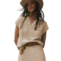 Apricot Chest Pocket V Neck Ribbed Cap Sleeve Sweater - XL thumbnail