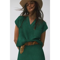 Blackish Green Chest Pocket V Neck Ribbed Cap Sleeve Sweater - M thumbnail