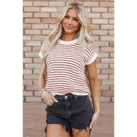 Red Stripe Ribbed Trim Loose Fit Knitted Sweater Vest - L thumbnail