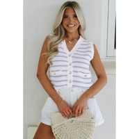 Sky Blue Stripe V Neck Gold Buttons Elegant Sweater Vest - XL thumbnail