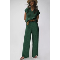 Green Knitted V Neck Sweater and Casual Pants Set - XL thumbnail