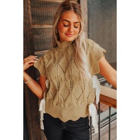 Light French Beige Hollowed Knit Scalloped Trim High Neck Sweater - XL thumbnail