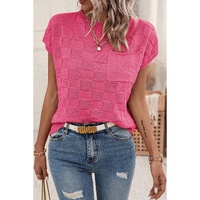 Bright Pink Lattice Textured Knit Short Sleeve Sweater - L thumbnail