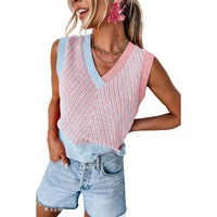 Light Pink Contrast Chevron Knit V Neck Sweater Vest - M thumbnail