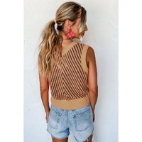 Light French Beige Contrast Chevron Knit V Neck Sweater Vest - S thumbnail