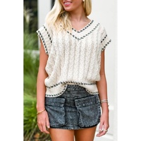 White Contrast Trim V Neck Cable Knit Sweater Vest - XL thumbnail