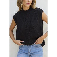 Black Solid Color Cable Knit High Neck Sweater Vest - L thumbnail