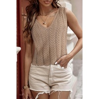 Pale Khaki Scalloped Hem V Neck Crochet Knit Vest - M thumbnail