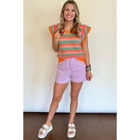 Orange Multicolor Flutter Sleeve Knitted Sweater Top - M thumbnail