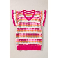 Rose Red Multicolor Flutter Sleeve Knitted Sweater Top - XL thumbnail