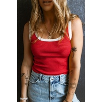 Fiery Red Colorblock Edge Ribbed Knit U Neck Tank Top - L thumbnail