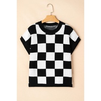 Color black Colorblock Plaid Pattern Ribbed Trim Sweater Tank Top - L thumbnail