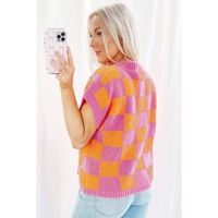 Strawberry Pink Colorblock Plaid Pattern Ribbed Trim Sweater Tank Top - L thumbnail