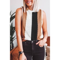 Khaki Stripe Color Block Sleeveless Knitted Sweater Vest - L thumbnail