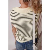 Beige Stripe Turn-down V Neck Sweater Tank Top - XL thumbnail