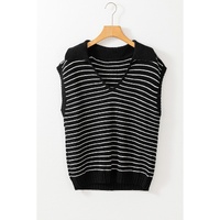 Black Stripe Turn-down V Neck Sweater Tank Top - S thumbnail