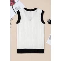 White Contrast Trim Eyelet Knit Colorblock V Neck Sweater Vest - XL thumbnail