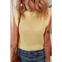 Yellow Solid Color Hollowed Knit Round Neck Sweater Vest - S thumbnail