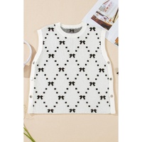 White Bow Pattern Buttoned Side Cropped Sweater Vest - S thumbnail