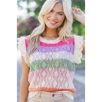 Rose Stripe Colorblock Hollowed Knit Scallop Edge Sweater Vest - S thumbnail
