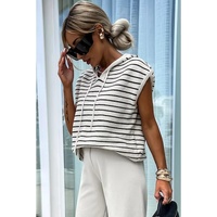 White Stripe Drawstring Hooded Loose Sweater T Shirt - M thumbnail