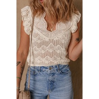 Beige Embroidered Patchwork Hollow Out Knitted Ruffle Sweater Vest - XL thumbnail