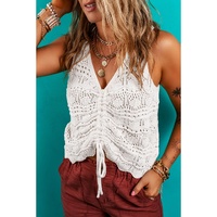 Beige Trendy Hollowed Knit V Neck Drawstring Sweater Vest - S thumbnail