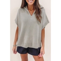 Light Grey Quarter Zip Short Batwing Sleeve Sweater - L thumbnail