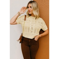 Beige Knitted Hollow out Short Sleeve Crop Sweater - L thumbnail