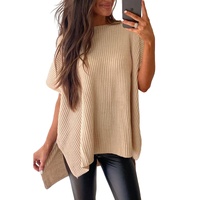 Apricot Short Sleeve Side Slit Oversized Sweater - S thumbnail