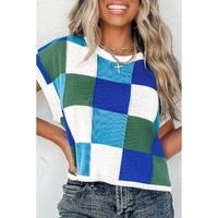 Dark Blue Color Block Cap Sleeve Sweater - L thumbnail