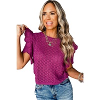 Violet Ruffled Short Sleeve Textured Knit Sweater - L thumbnail