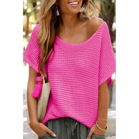 Pink Solid Loose Knit Short Dolman Sleeve Sweater - L thumbnail