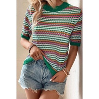 Dark Green Striped Pattern Contrast Trim Pointelle Knit T Shirt - S thumbnail