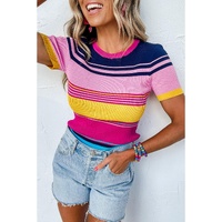 Pink Mixed Stripes Ribbed Knit Top - M thumbnail
