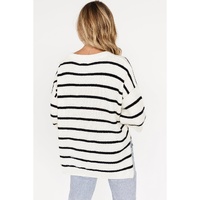 White Stripe Henley Buttoned Placket Drop Shoulder Bracelet Sleeve Knit Sweater Tee - L thumbnail