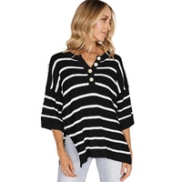 Black Stripe Henley Buttoned Placket Drop Shoulder Bracelet Sleeve Knit Sweater Tee - L thumbnail