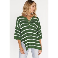 Green Stripe Henley Buttoned Placket Drop Shoulder Bracelet Sleeve Knit Sweater Tee - M thumbnail