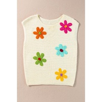 White Flower Crochet Round Neck Knitted Top - M thumbnail