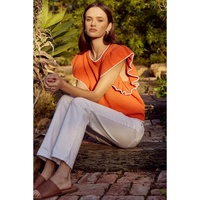 Russet Orange Contrast Trim Ruffle Sleeve Knitted Top - 2XL thumbnail