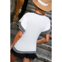 White Contrast Trim Round Neck Batwing Sleeve Knitted Top - XL thumbnail