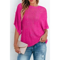 Rose Red Pointelle Knit Scallop Edge Short Sleeve Top - M thumbnail