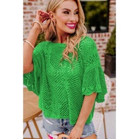 Green Pointelle Knit Scallop Edge Short Sleeve Top - M thumbnail