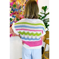 White Colorblock Crochet Knit Ruffled Short Sleeve Sweater Top - M thumbnail
