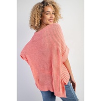 Fresh Salmon Rolled Cuffs Loose Knit Tee with Slits - L thumbnail