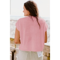 Pink Multi Crochet Flower Knit Short Sleeve Sweater Top - L thumbnail