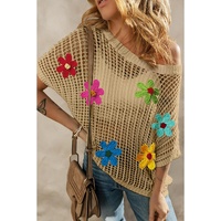 Light French Beige Crochet Flower Hollow-out Sweater T Shirt - S thumbnail